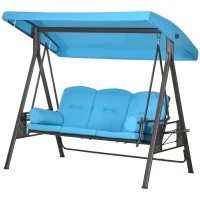 Outsunny Outdoor Patio 3-Person Steel Canopy Cushioned Seat Bench Swing with Included Side Trays & Padded Comfort, Light Blue(m-2)