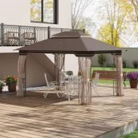 Outsunny 10' x 12' Patio Gazebo Outdoor Canopy Shelter with Double Tier Roof and Nettings for Garden Lawn Backyard Deck, Brown(m-7)
