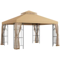 Outsunny 10' x 12' Patio Gazebo with Corner Frame Shelves, Double Roof Outdoor Gazebo Canopy Shelter with Netting, Brown(m-11)