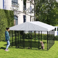 PawHut Welded Wire Outdoor Dog Kennel with 360° Rotating & 4 Levels Adjustable Bowls, Waterproof Cover, 9.8' x 9.8' x 6.8'(m-10)
