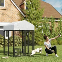 PawHut Welded Wire Outdoor Dog Kennel with 360° Rotating & 4 Levels Adjustable Bowls, Waterproof Cover, 3.9' x 3.9' x 6'(m-2)