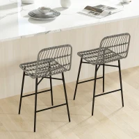 HOMCOM Rattan Counter Height Bar Stools Set of 2, 26" Counter Stools with Back, Modern Bar Chairs for Kitchen Island, Grey(m-8)