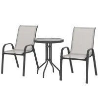 Outsunny 3 Pieces Bistro Set, Small Patio Furniture Set with Stackable Mesh Chairs, Glass Table for Garden, Balcony, Light Grey(m-2)