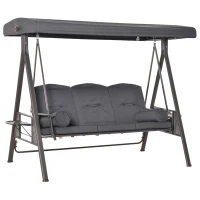 Outsunny Outdoor Patio 3-Person Steel Canopy Cushioned Seat Bench Swing with Included Side Trays & Padded Comfort, Dark Grey(m-11)