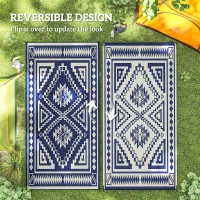 Outsunny Reversible Outdoor Rug, Waterproof Plastic Straw with Carry Bag, 9' x 18', Blue & White Square Patchwork(m-7)