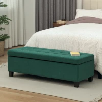 HOMCOM Rectangular Entry Bench, Tufted Upholstered Linen Fabric Wood Feet Storage Ottoman Bench, Dark Green(m-8)