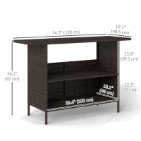 Outsunny Wicker Outdoor Bar Table, PE Rattan Bar Height Patio Table with 2 Shelves, Steel Frame for Garden, Backyard, Dark Brown(m-3)