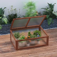 Outsunny 39" x 26" x 16" Wooden Cold Frame with Openable and Tilted Top Cover, Small Polycarbonate Planter Box for Flowers, Vegetables, Plants, Brown(m-1)