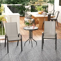 Outsunny 3 Pieces Bistro Set, Small Patio Furniture Set with Stackable Mesh Chairs, Glass Table for Garden, Balcony, Light Grey(m-1)