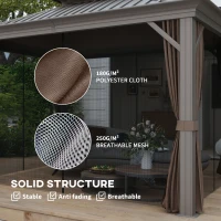 Outsunny 10' x 12' Hardtop Gazebo with Curtains and Netting, Permanent Pavilion Metal Double Roof Gazebo Canopy with Aluminum Frame and Hooks, for Garden, Patio, Backyard, Dark Brown(m-5)