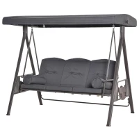 Outsunny Outdoor Patio 3-Person Steel Canopy Cushioned Seat Bench Swing with Included Side Trays & Padded Comfort, Dark Grey(m-2)