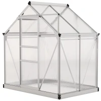 Outsunny 6' x 4' x 6.6' Polycarbonate Greenhouse, Walk-In Green House Kit Garden, Plants Grow, Galvanized Sheet Aluminum Frame with Rain Gutter, Vent and Sliding Door, Silver(m-2)