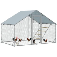 PawHut Large Metal Chicken Run with Waterproof & UV-Resistant Cover, Feeding Door, Hanging Feeder, Perch for 6-8 Chickens(m-11)