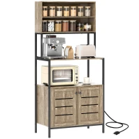 HOMCOM Baker's Rack with Power Outlet and Storage Shelves, Microwave Stand with Louvred Door Cabinets, Gray Wood Grain(m-11)