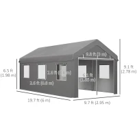 Outsunny 10' x 20' Carport, Heavy Duty Portable Garage with 6 Mesh Windows and 2Doors, Gey(m-3)