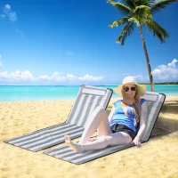 Outsunny 2 Pieces Beach Lounge Chair, Outdoor Folding Chaise Lounge Set w/ Pillow for Sunbath, Snap, Light Grey and White(m-1)
