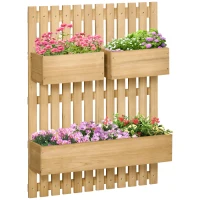 Outsunny 3 Box Raised Garden Bed with Trellis, Wall-Mounted Wood Planter Box Set with Drainage Hole for Flowers, Climbing Plants(m-2)