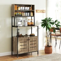 HOMCOM Baker's Rack with Power Outlet and Storage Shelves, Microwave Stand with Louvred Door Cabinets, Gray Wood Grain(m-8)