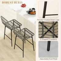 HOMCOM Rattan Counter Height Bar Stools Set of 2, 26" Counter Stools with Back, Modern Bar Chairs for Kitchen Island, Grey(m-6)