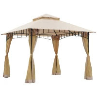 Outsunny 10' x 10' Outdoor Patio Gazebo Canopy Tent with Mesh Sidewalls, 2-Tier Canopy for Backyard, Beige(m-1)