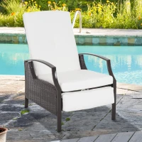 Outsunny Outdoor Rattan Recliner Chair, Wicker Reclining Chair with Adjustable Back Retractable Footrest Cushion White(m-8)