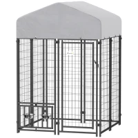 PawHut Welded Wire Outdoor Dog Kennel with 360° Rotating & 4 Levels Adjustable Bowls, Waterproof Cover, 3.9' x 3.9' x 6'(m-1)