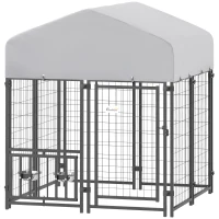 PawHut Welded Wire Outdoor Dog Kennel with 360° Rotating & 4 Levels Adjustable Bowls, Waterproof Cover, 3.9' x 3.9' x 4.5'(m-1)