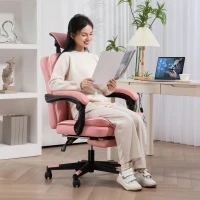 HOMCOM PU Leather Office Chair, Executive Desk Chair with Headrest, Foot Rest, Swivel Wheels, Reclining Computer Chair, Pink(m-8)