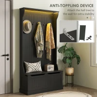 HOMCOM 3-In-1 Entryway Bench with LED Lights and Coat Rack, Hall Tree with Bench and Shoe Storage, 5 Hooks for Hallway Black(m-6)