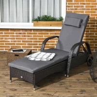 Outsunny Outdoor Lounger, Deck Lounge Chair with Headrest, 5-Level Adjustable, Backrest, Wheels, Deep Coffee and Med Grey(m-8)