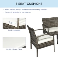 Outsunny 4 Pieces Patio Furniture Sets with A Loveseat, Two Armchairs and A Coffee Table, Outdoor Conversation Set with Glass Top Table, Grey PE Rattan and Cream White Cushions(m-7)