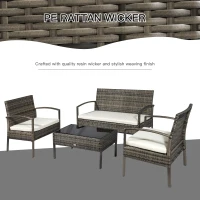 Outsunny 4 Pieces Patio Furniture Sets with A Loveseat, Two Armchairs and A Coffee Table, Outdoor Conversation Set with Glass Top Table, Grey PE Rattan and Cream White Cushions(m-5)