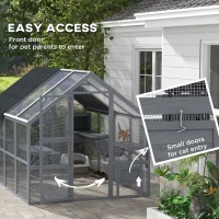 PawHut Wooden Catio Outdoor Cat Enclosure with Waterproof Cover, 2 Condos, 4 Platforms, Bridge, Doors, Gray(m-7)