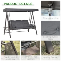 Outsunny Outdoor Patio 3-Person Steel Canopy Cushioned Seat Bench Swing with Included Side Trays & Padded Comfort, Dark Grey(m-6)