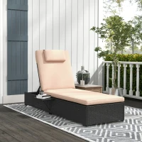 Outsunny Outdoor Patio Lounger with Cushion, 5-Level Reclining Wicker Chaise Lounge Chair with Tea Tray, for Poolside, Patio, Deck, 264lb Weight Capacity, Beige(m-1)