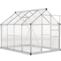 Outsunny 6' x 8' x 6.6' Polycarbonate Greenhouse, Walk-In Green House Kit Garden, Plants Grow, Galvanized Sheet Aluminum Frame with Rain Gutter, Vent and Sliding Door, Silver(m-12)