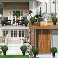 HOMCOM Set of 2 Artificial Ball Boxwood Topiary Trees, Fake Plants in Pot for Indoor Outdoor Living Room Green(m-2)