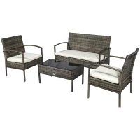 Outsunny 4 Pieces Patio Furniture Sets with A Loveseat, Two Armchairs and A Coffee Table, Outdoor Conversation Set with Glass Top Table, Grey PE Rattan and Cream White Cushions(m-12)