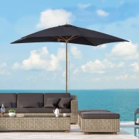 Outsunny 7' x 10' Wooden Patio Umbrella Rectangle Garden Parasol Outdoor Sunshade Canopy with Bamboo Ribs for Garden Black(m-1)