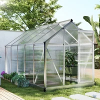 Outsunny 6' x 10' x 6.6' Polycarbonate Greenhouse, Walk-In Green House Kit Garden, Plants Grow, Galvanized Sheet Aluminum Frame with Rain Gutter, Vents and Sliding Door, Sliver(m-8)