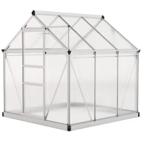 Outsunny 6' x 6' x 6.6' Polycarbonate Greenhouse, Walk-In Green House Kit Garden, Plants Grow, Galvanized Sheet Aluminum Frame with Rain Gutter, Vent and Sliding Door, Silver(m-2)