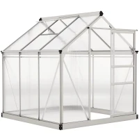 Outsunny 6' x 6' x 6.6' Polycarbonate Greenhouse, Walk-In Green House Kit Garden, Plants Grow, Galvanized Sheet Aluminum Frame with Rain Gutter, Vent and Sliding Door, Silver(m-11)