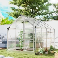 Outsunny 6' x 8' x 6.6' Polycarbonate Greenhouse, Walk-In Green House Kit Garden, Plants Grow, Galvanized Sheet Aluminum Frame with Rain Gutter, Vent and Sliding Door, Silver(m-11)