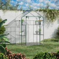 Outsunny Walk-in Greenhouse with 4 Shelves, 56" x 29" x 77" Mini Greenhouse ,Roll-Up Door, Mesh Windows for Seedling, Flowers, Plant Growing, Clear
