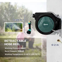 Outsunny 1/2 in x 65ft Wall Mounted Garden Hose Reel, Retractable Water Hose Reel with Auto Rewind, Any Length Lock, Blue(m-4)