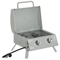 Outsunny 2 Burner Propane Gas Grill, Portable Tabletop BBQ with Foldable Legs, Lid, for Camping, Picnic, Silver(m-2)