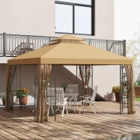 Outsunny 10' x 12' Patio Gazebo with Corner Frame Shelves, Double Roof Outdoor Gazebo Canopy Shelter with Netting, Brown(m-10)
