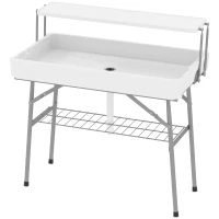 Outsunny 3.5ft Folding Ice Cooler Table with Drain, 2-Tier Outdoor Patio Party Cooler, Fishing Cleaning Table with Storage Shelf for Picnic BBQ Camping Wedding, White(m-2)