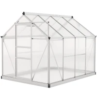Outsunny 6' x 8' x 6.6' Polycarbonate Greenhouse, Walk-In Green House Kit Garden, Plants Grow, Galvanized Sheet Aluminum Frame with Rain Gutter, Vent and Sliding Door, Silver(m-2)