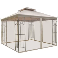 Outsunny 10' x 10' Patio Gazebo with Corner Frame Shelves, Double Roof Outdoor Gazebo Canopy Shelter with Netting for Patio, Wedding, Catering & Events, Brown(m-1)